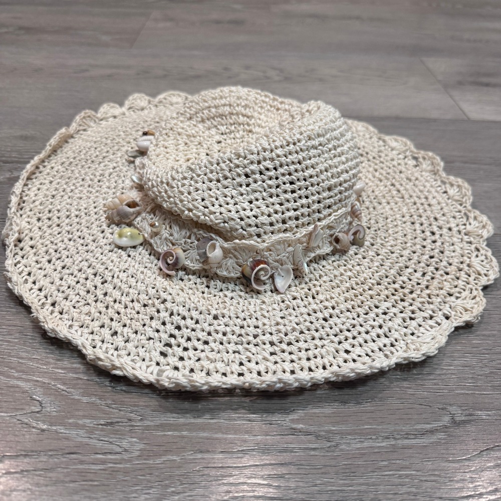 Cappelli Straworld Women Cream Paper Straw Seashell Floppy Wide Brim Sun Hat OS